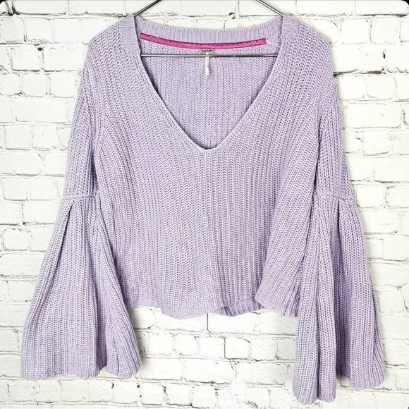 Free People Damsel Lavender Belle Sleeved Vneck Knit Pullover Sweater   - Small - Picture 2 of 12